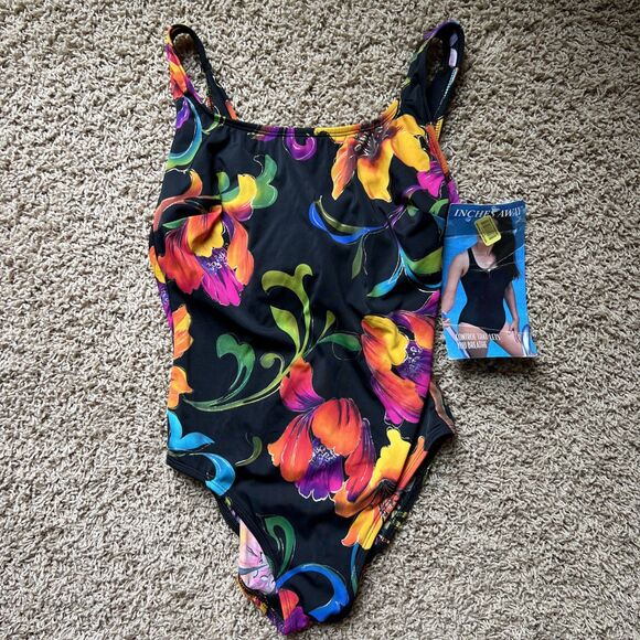 Inches Away One Piece Swimsuit NWT Size 10 Tummy Control Tropical Floral X Back - Picture 1 of 9